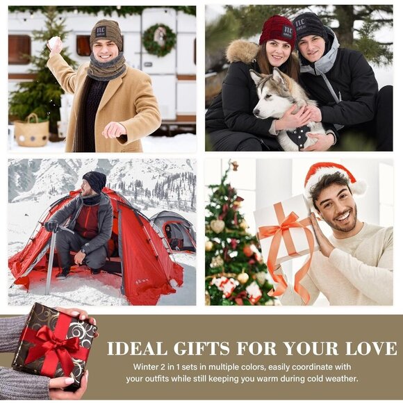 🆕 Men Khaki Fleece Lined Winter Cap Beanie Scarf Set Knit Neck Warmer Nice Hat - Picture 5 of 5